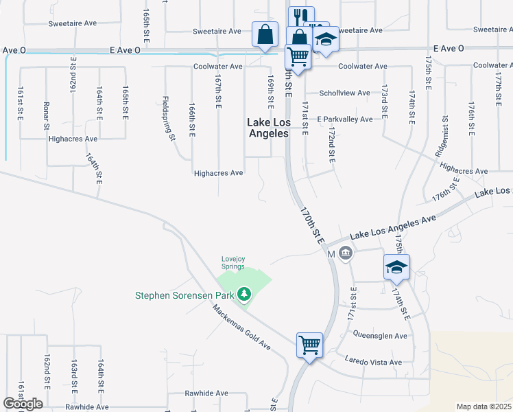 map of restaurants, bars, coffee shops, grocery stores, and more near 16822 Glenfall Avenue in Palmdale