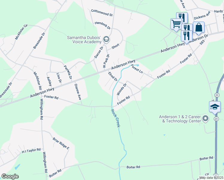 map of restaurants, bars, coffee shops, grocery stores, and more near 106 Woods Drive in Williamston