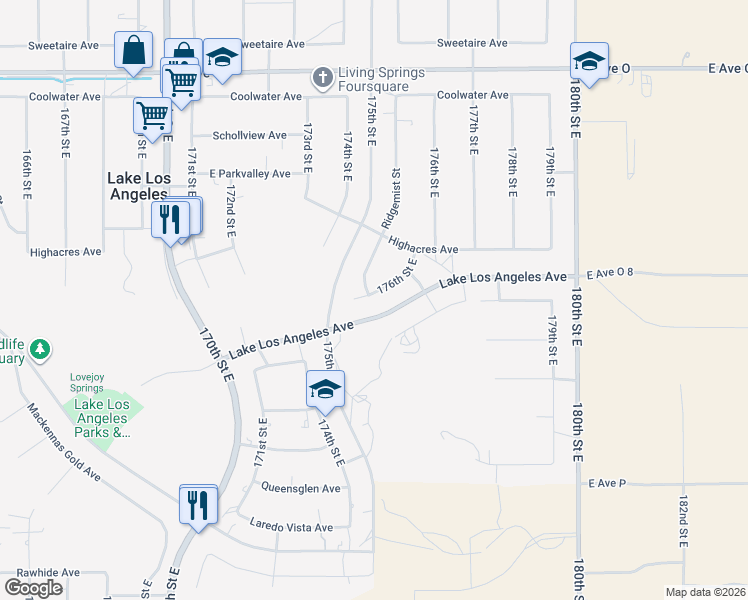 map of restaurants, bars, coffee shops, grocery stores, and more near 40002 176th Street East in Lake Los Angeles