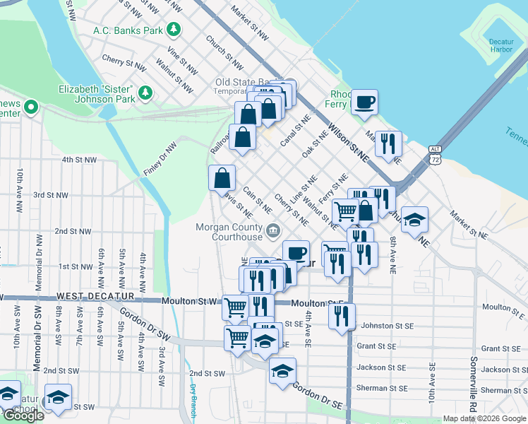 map of restaurants, bars, coffee shops, grocery stores, and more near 219 Cain Street Northeast in Decatur