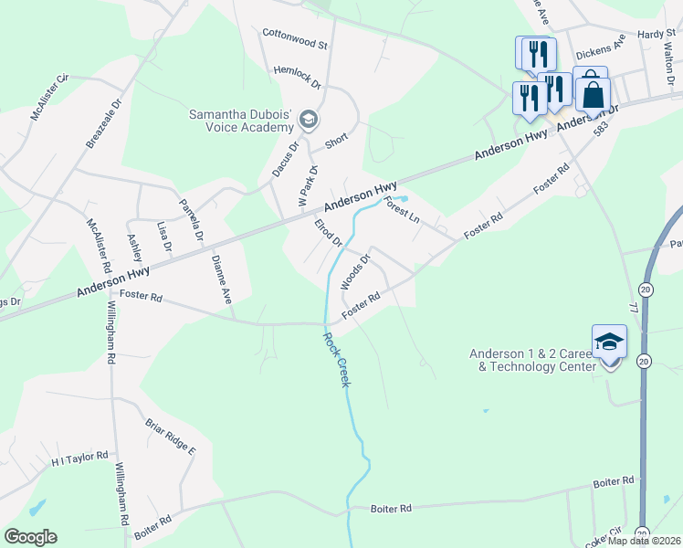map of restaurants, bars, coffee shops, grocery stores, and more near 106 Woods Drive in Williamston