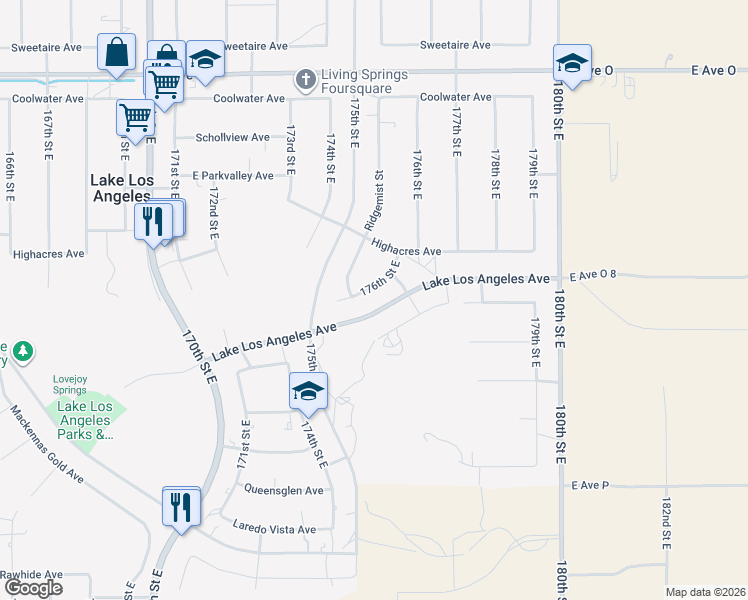 map of restaurants, bars, coffee shops, grocery stores, and more near 40002 176th Street East in Lake Los Angeles
