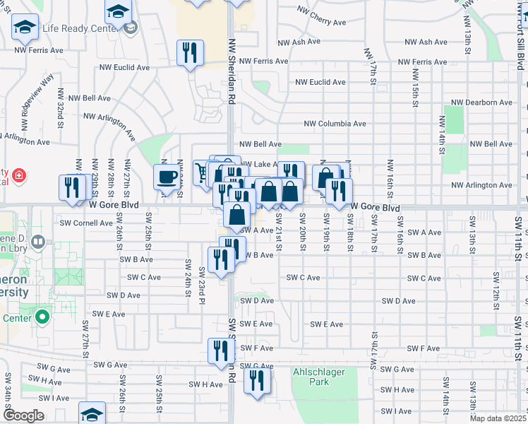map of restaurants, bars, coffee shops, grocery stores, and more near 9 Southwest 21st Street in Lawton