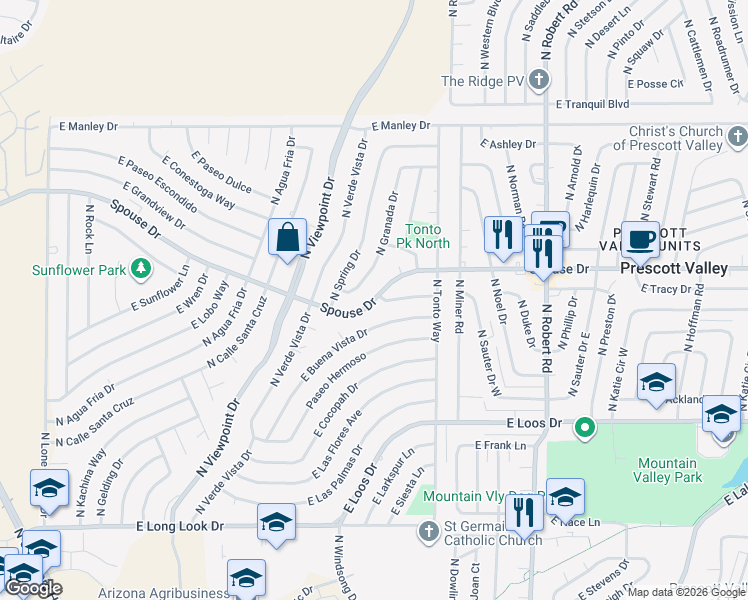 map of restaurants, bars, coffee shops, grocery stores, and more near 7800 East Spouse Drive in Prescott Valley