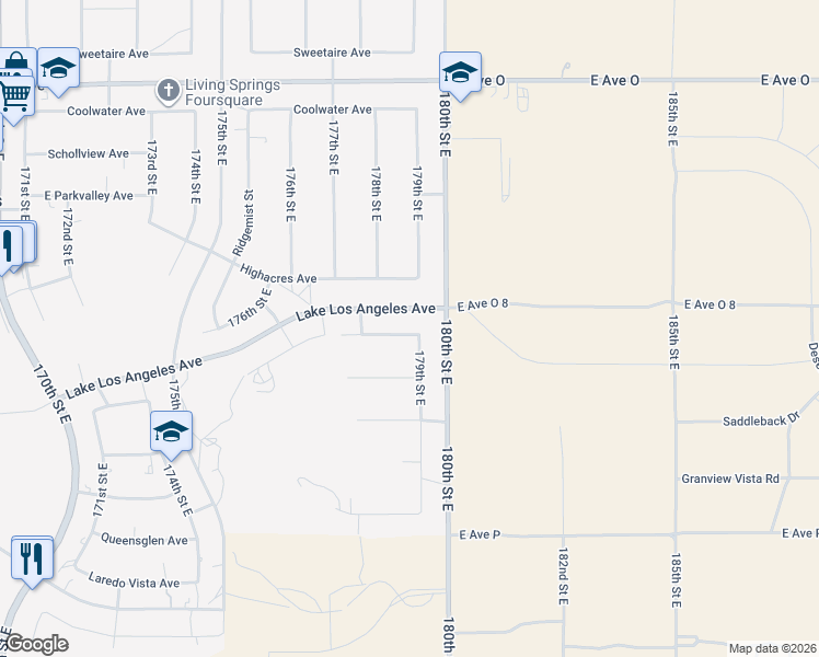 map of restaurants, bars, coffee shops, grocery stores, and more near 17855 Lakespring Avenue in Palmdale