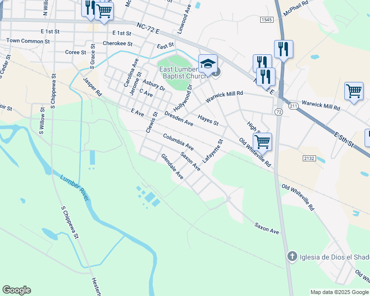map of restaurants, bars, coffee shops, grocery stores, and more near 402 Columbia Avenue in Lumberton