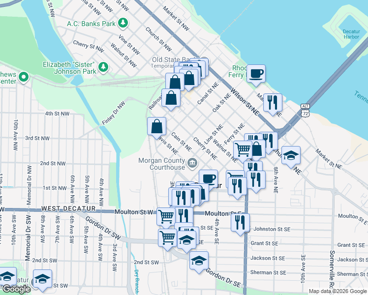 map of restaurants, bars, coffee shops, grocery stores, and more near 219 Cain Street Northeast in Decatur