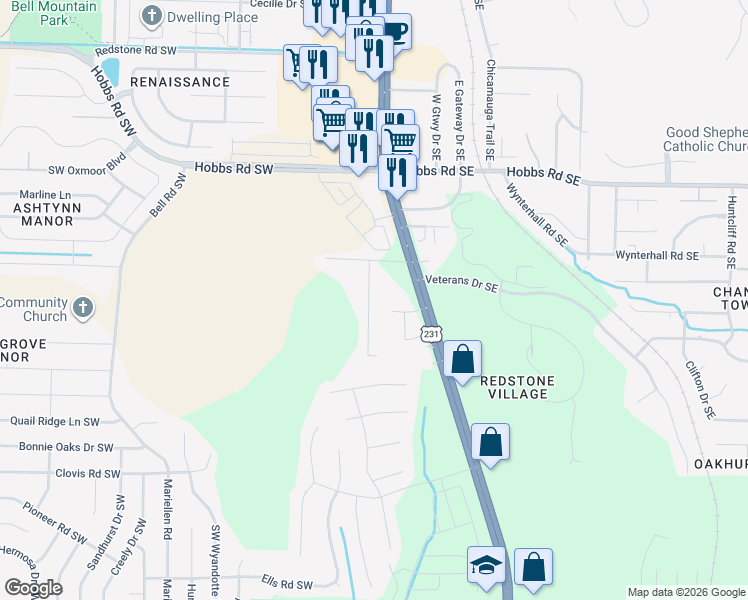 map of restaurants, bars, coffee shops, grocery stores, and more near 12016 Bell Mountain Drive Southwest in Huntsville