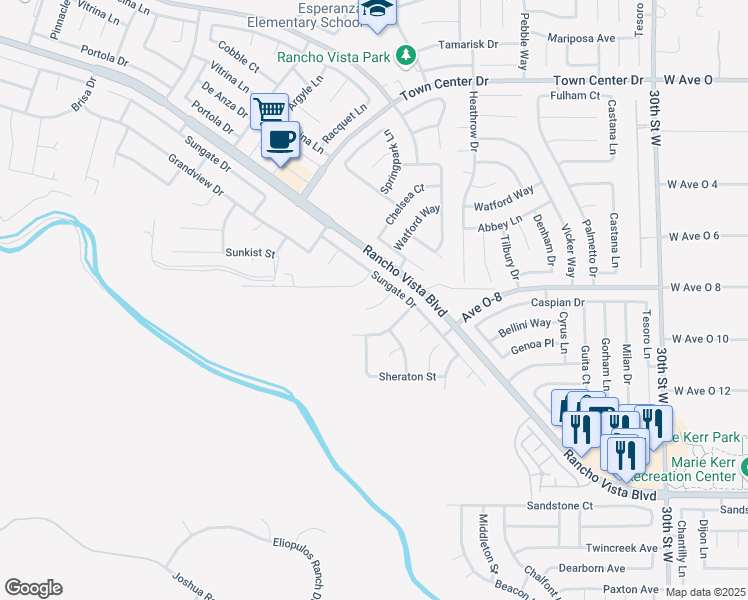map of restaurants, bars, coffee shops, grocery stores, and more near 39937 Meadowcrest Way in Palmdale