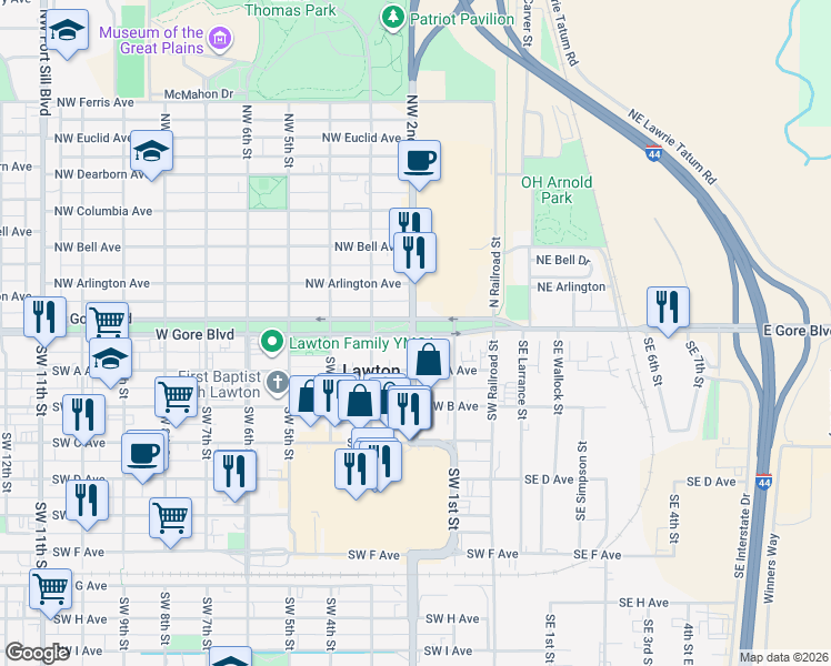 map of restaurants, bars, coffee shops, grocery stores, and more near 205 Southwest A Avenue in Lawton