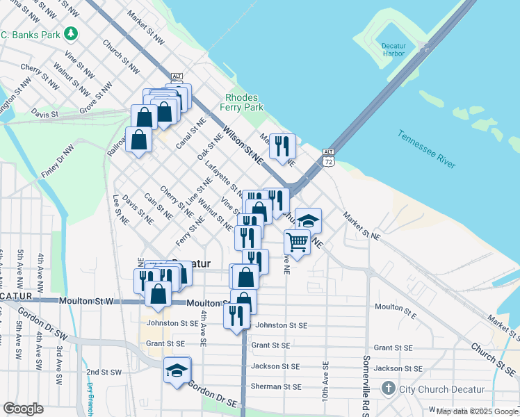 map of restaurants, bars, coffee shops, grocery stores, and more near 714 6th Avenue Northeast in Decatur