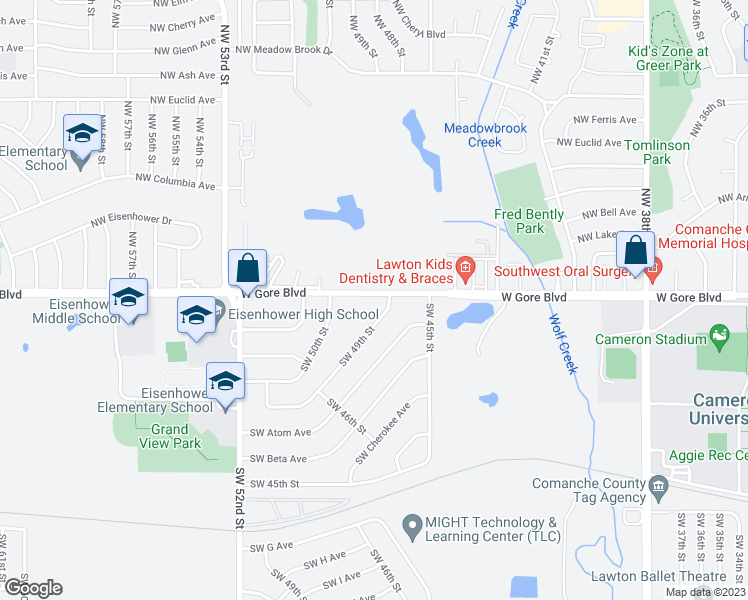 map of restaurants, bars, coffee shops, grocery stores, and more near 4904 West Gore Boulevard in Lawton