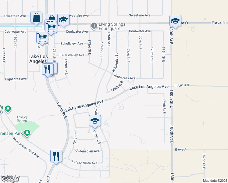 map of restaurants, bars, coffee shops, grocery stores, and more near 40020 176th Street East in Palmdale
