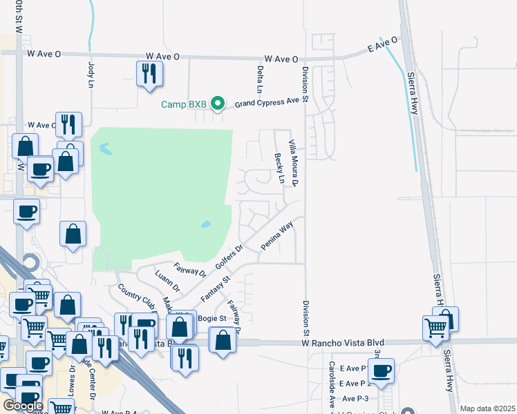 map of restaurants, bars, coffee shops, grocery stores, and more near 39955 Golfers Drive in Palmdale