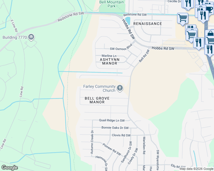 map of restaurants, bars, coffee shops, grocery stores, and more near 2424 Bell Manor Drive Southwest in Huntsville