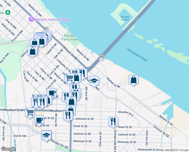 map of restaurants, bars, coffee shops, grocery stores, and more near 801 Wilson Street Northeast in Decatur