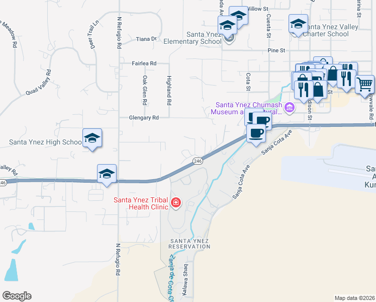 map of restaurants, bars, coffee shops, grocery stores, and more near 3205 Amber Farms Road in Santa Ynez