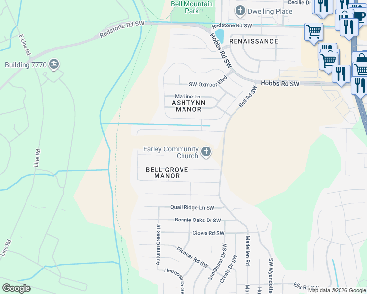 map of restaurants, bars, coffee shops, grocery stores, and more near 2424 Bell Manor Drive Southwest in Huntsville