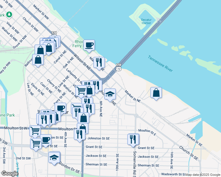 map of restaurants, bars, coffee shops, grocery stores, and more near 801 Wilson Street Northeast in Decatur