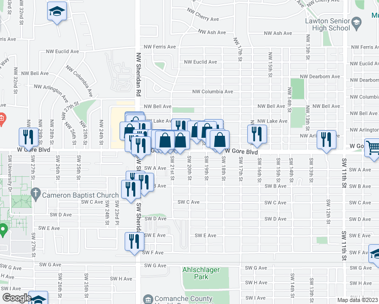 map of restaurants, bars, coffee shops, grocery stores, and more near 7 Southwest 20th Street in Lawton
