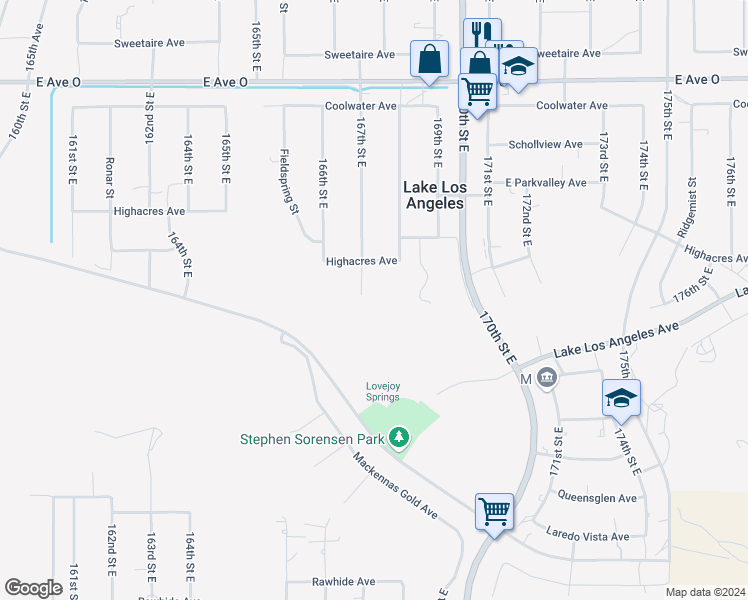 map of restaurants, bars, coffee shops, grocery stores, and more near 40000 167th Street East in Lake Los Angeles