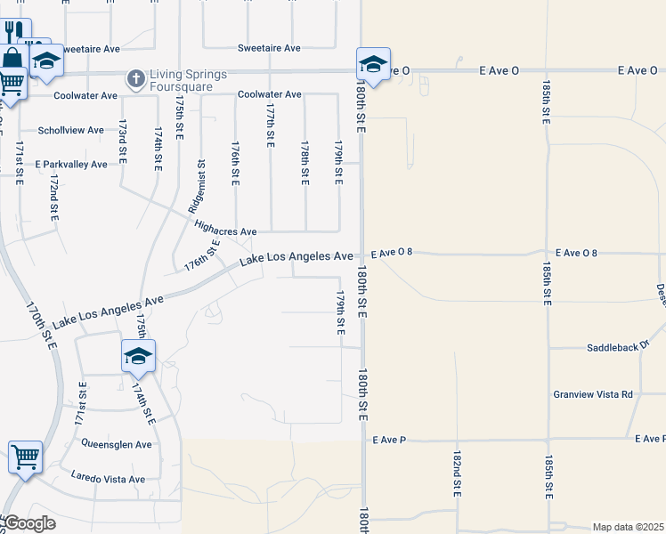 map of restaurants, bars, coffee shops, grocery stores, and more near 17855 Lakespring Avenue in Palmdale