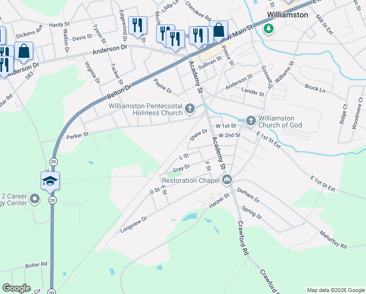 map of restaurants, bars, coffee shops, grocery stores, and more near 12 Shaw Drive in Williamston