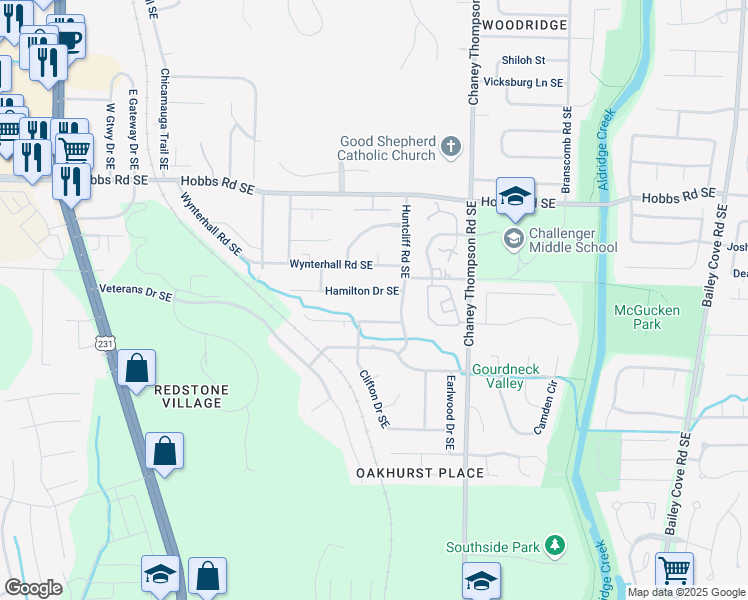 map of restaurants, bars, coffee shops, grocery stores, and more near 2525 Hamilton Drive Southeast in Huntsville
