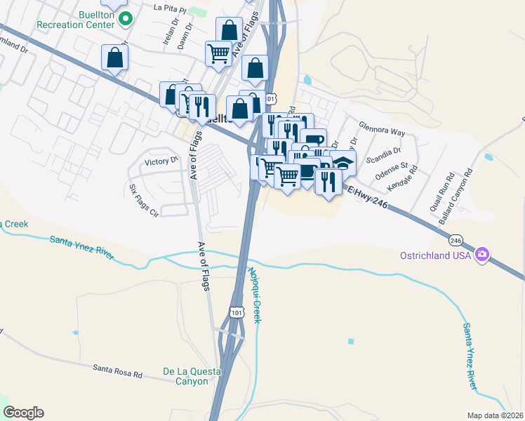 map of restaurants, bars, coffee shops, grocery stores, and more near 10 McMurray Road in Buellton