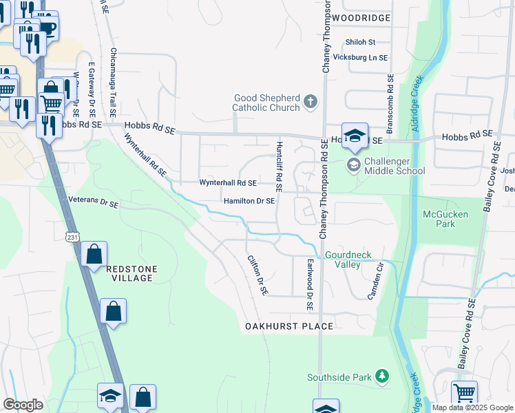 map of restaurants, bars, coffee shops, grocery stores, and more near 2525 Hamilton Drive Southeast in Huntsville