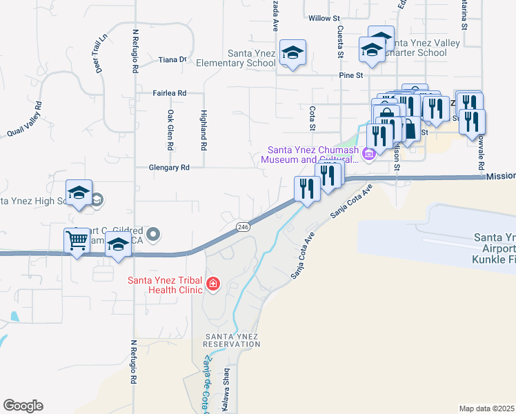 map of restaurants, bars, coffee shops, grocery stores, and more near 3281 Old Highway 246 in Santa Ynez