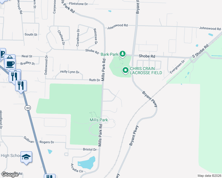 map of restaurants, bars, coffee shops, grocery stores, and more near 16 Eastwood Drive in Bryant