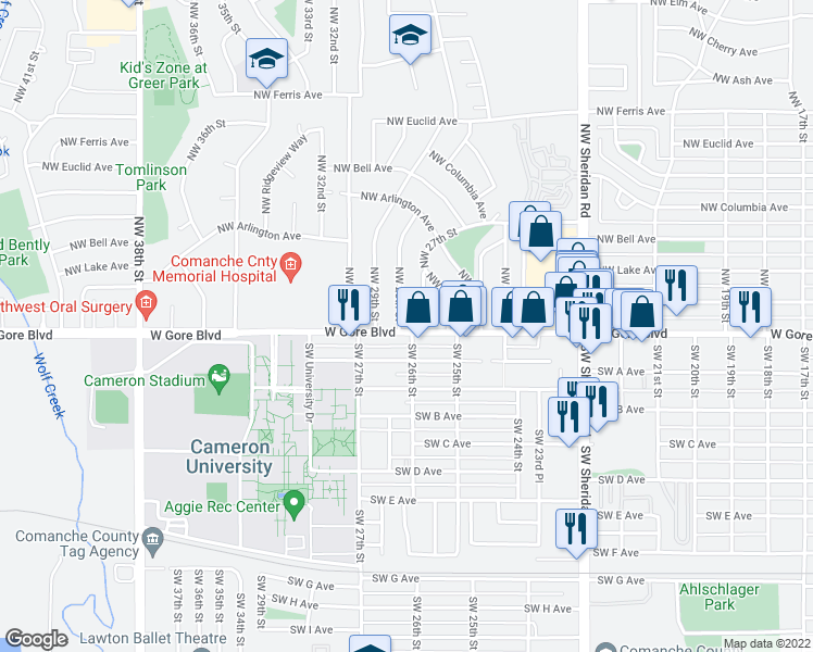map of restaurants, bars, coffee shops, grocery stores, and more near 6 Northwest 28th Street in Lawton