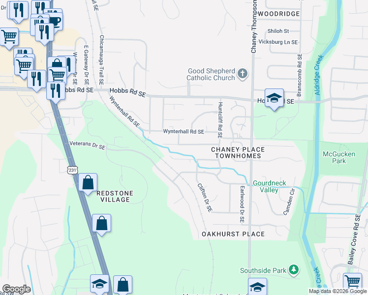 map of restaurants, bars, coffee shops, grocery stores, and more near 2451 Hamilton Drive Southeast in Huntsville