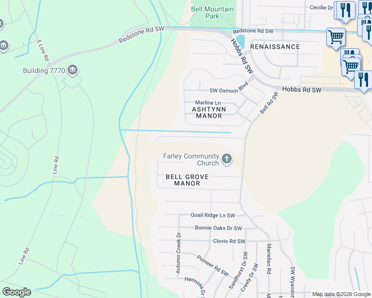 map of restaurants, bars, coffee shops, grocery stores, and more near 2635 Ashtynn Place Southwest in Huntsville