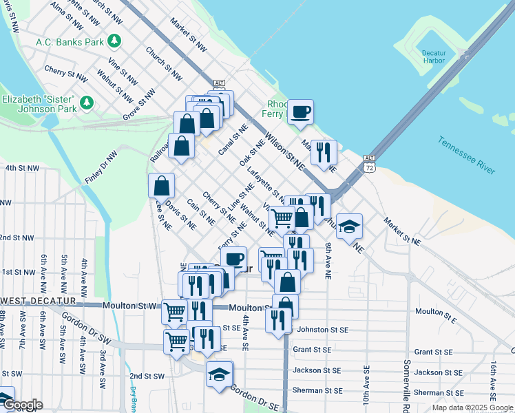 map of restaurants, bars, coffee shops, grocery stores, and more near 315 Vine Street Northeast in Decatur