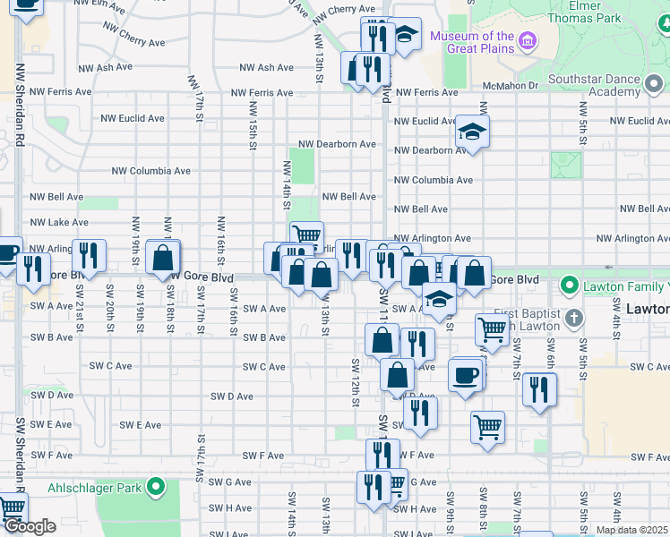 map of restaurants, bars, coffee shops, grocery stores, and more near 1214 Northwest Arlington Avenue in Lawton