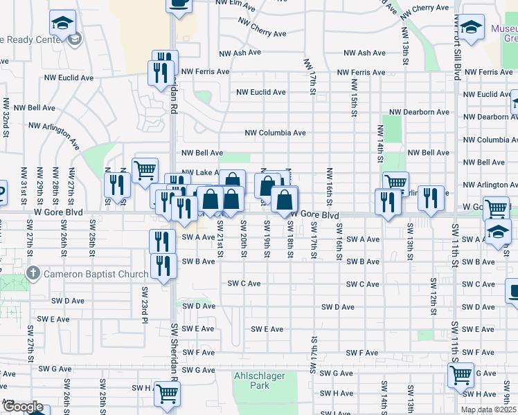map of restaurants, bars, coffee shops, grocery stores, and more near 1816 Northwest Arlington Avenue in Lawton