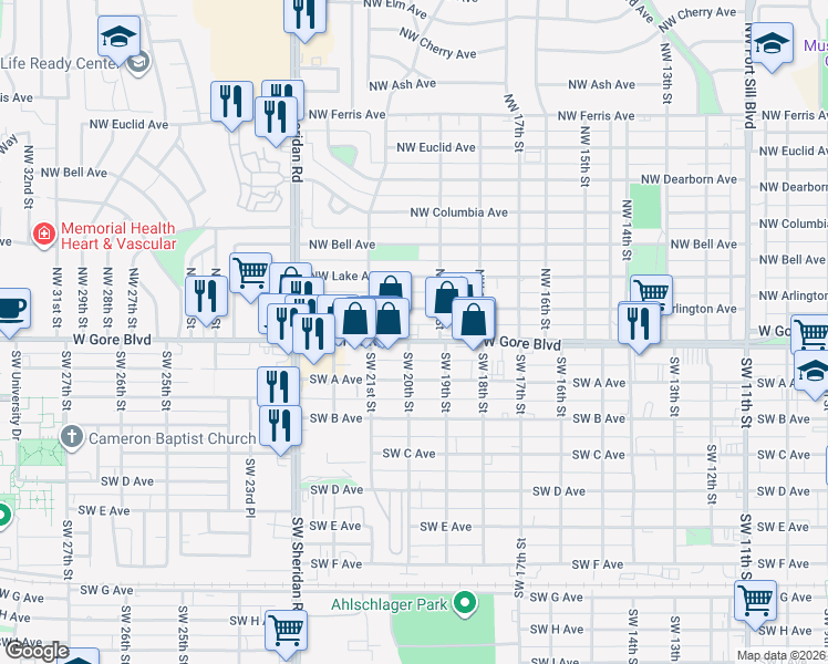 map of restaurants, bars, coffee shops, grocery stores, and more near 1914 Northwest Arlington Avenue in Lawton