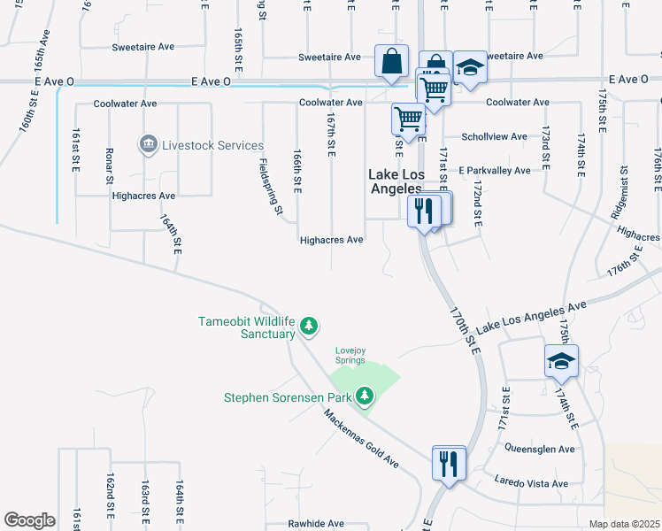 map of restaurants, bars, coffee shops, grocery stores, and more near 40000 167th Street East in Lake Los Angeles