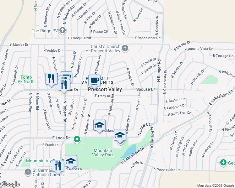 map of restaurants, bars, coffee shops, grocery stores, and more near 8601 E Spouse Dr in Prescott Valley