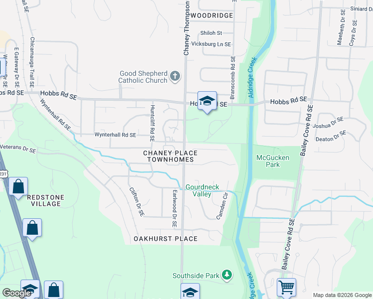 map of restaurants, bars, coffee shops, grocery stores, and more near 13600 Chaney Thompson Road Southeast in Huntsville
