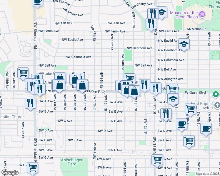 map of restaurants, bars, coffee shops, grocery stores, and more near 1512 Northwest Arlington Avenue in Lawton