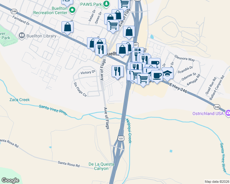 map of restaurants, bars, coffee shops, grocery stores, and more near 685 U.S. 101 in Buellton