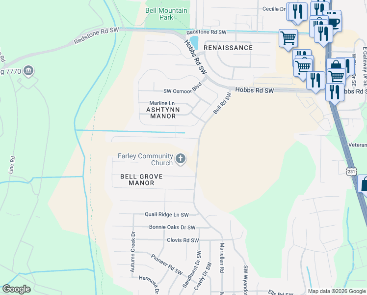 map of restaurants, bars, coffee shops, grocery stores, and more near 2609 Ashtynn Place Southwest in Huntsville