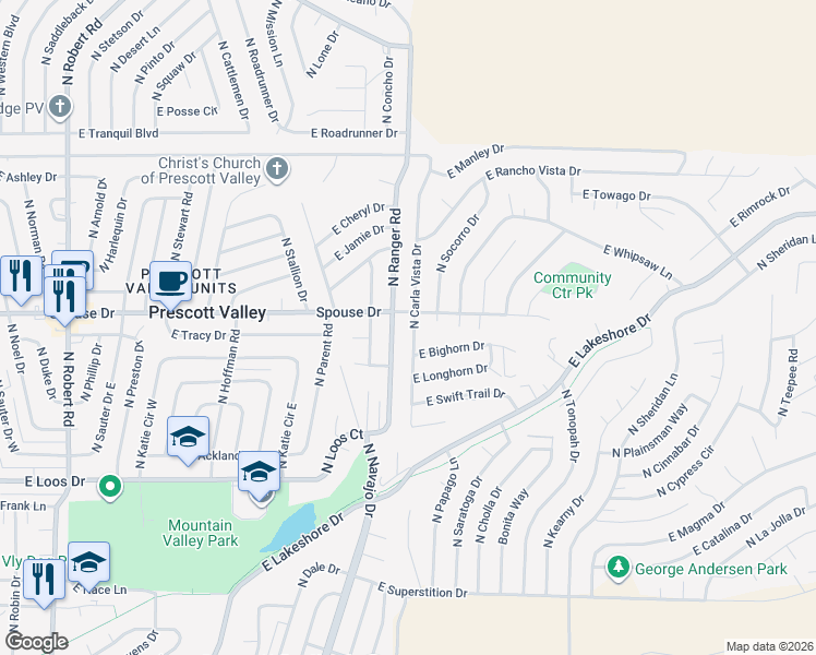 map of restaurants, bars, coffee shops, grocery stores, and more near 4594 North Ranger Road in Prescott Valley