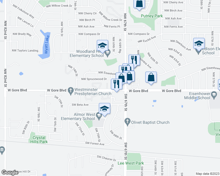 map of restaurants, bars, coffee shops, grocery stores, and more near 2 Northwest 69th Street in Lawton