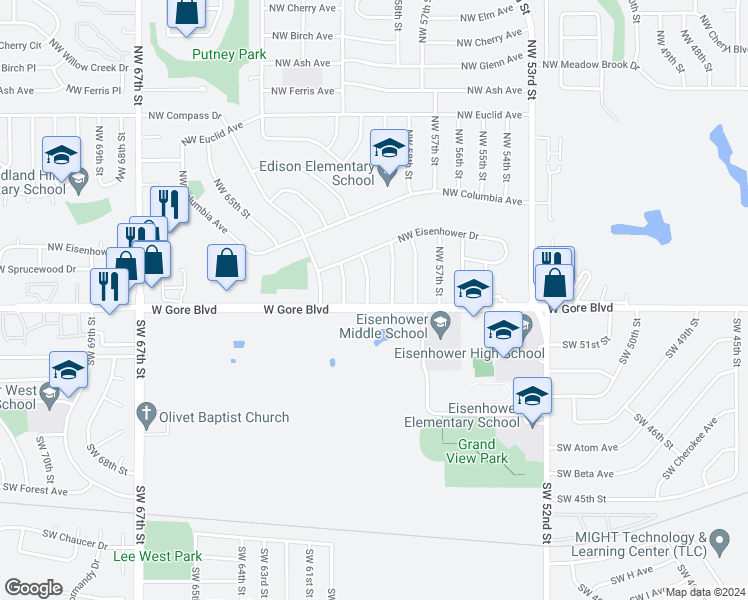 map of restaurants, bars, coffee shops, grocery stores, and more near 1 Northwest 60th Street in Lawton