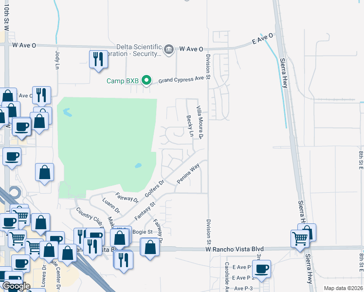 map of restaurants, bars, coffee shops, grocery stores, and more near 201 Eagle Lane in Palmdale