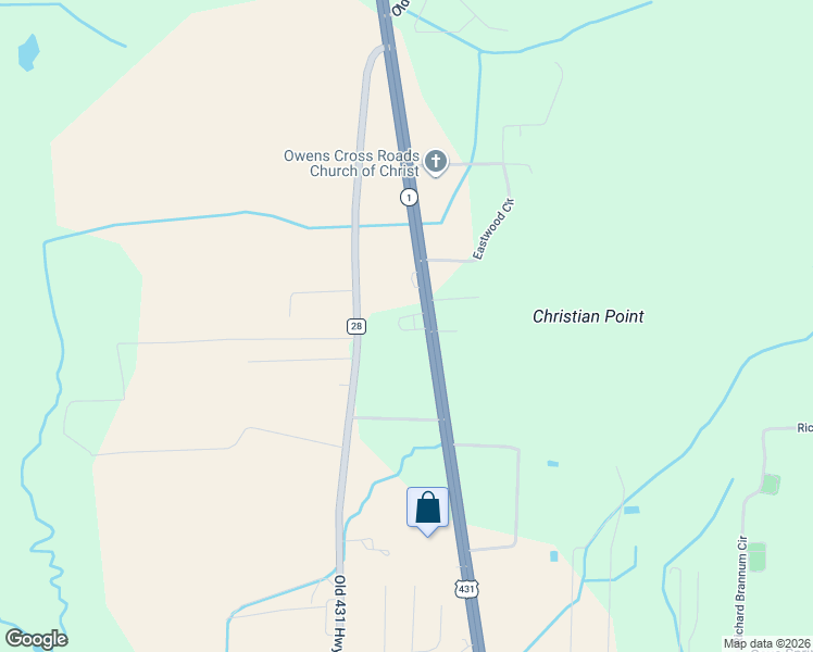 map of restaurants, bars, coffee shops, grocery stores, and more near 8290 U.S. 431 in Owens Cross Roads